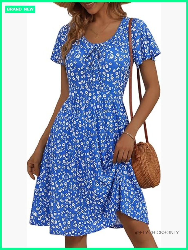 Floral Short Sleeve A-Line Midi Dress With Pockets, Polyester Spandex